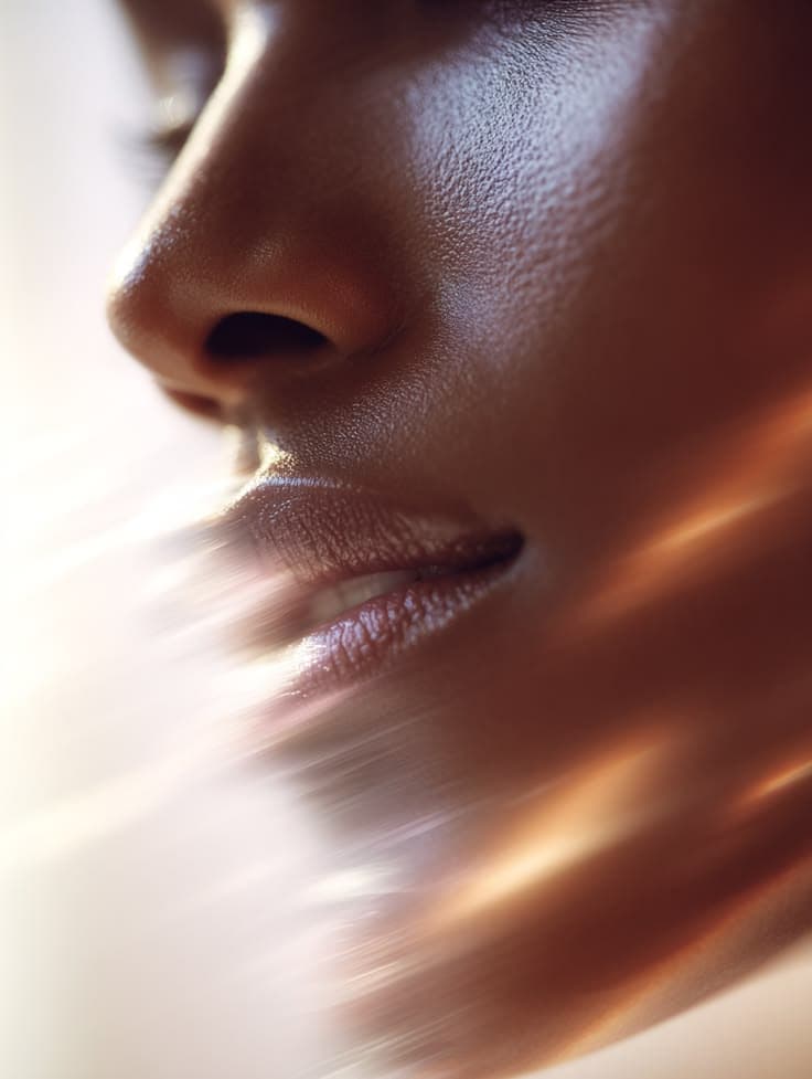 A close portrait of glowing, bronzed skin in soft light